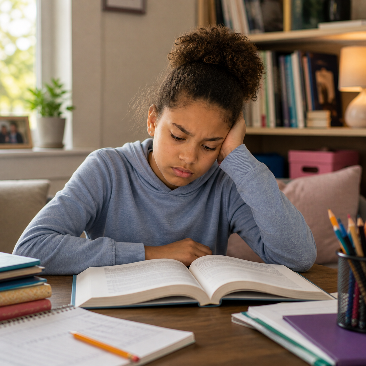 Middle school student struggling with reading at home desk