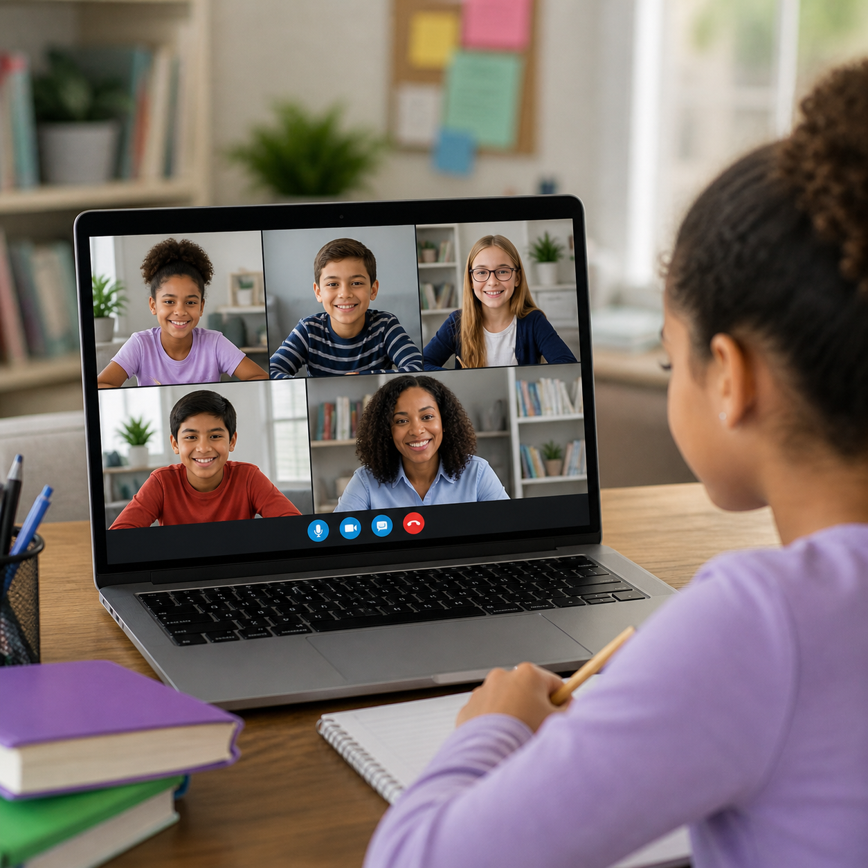 Child participating in online small group reading session with teacher and peers