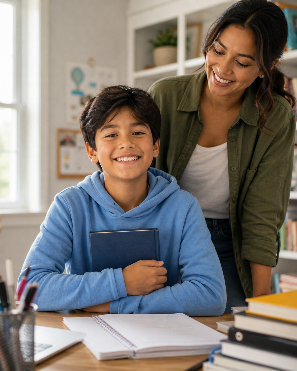 Student smiling confidently with proud parent after reading program success