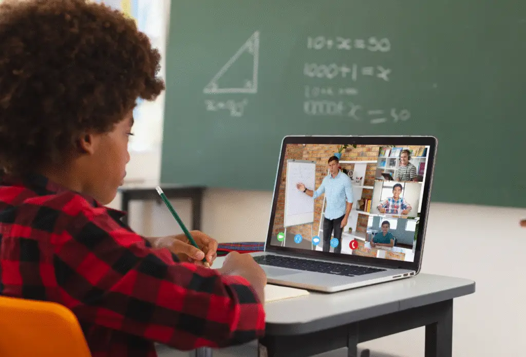 Middle school student participating in a live online tutoring session with a virtual reading tutor